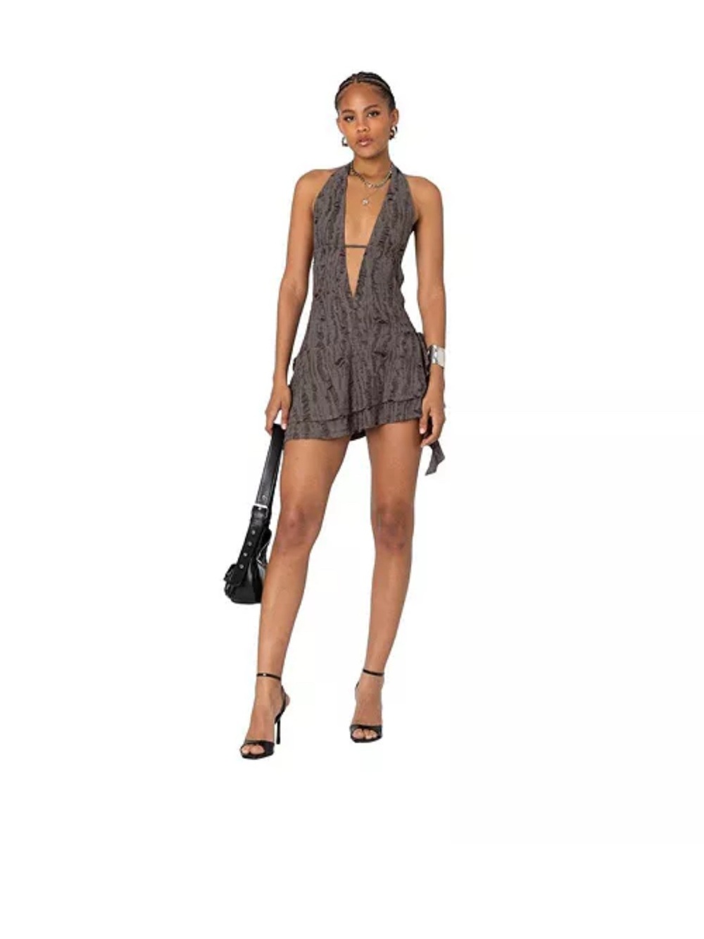 Edikted Distressed Halter Mini Dress in Brown